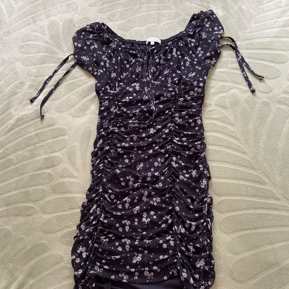 Floral Ruched Black Dress